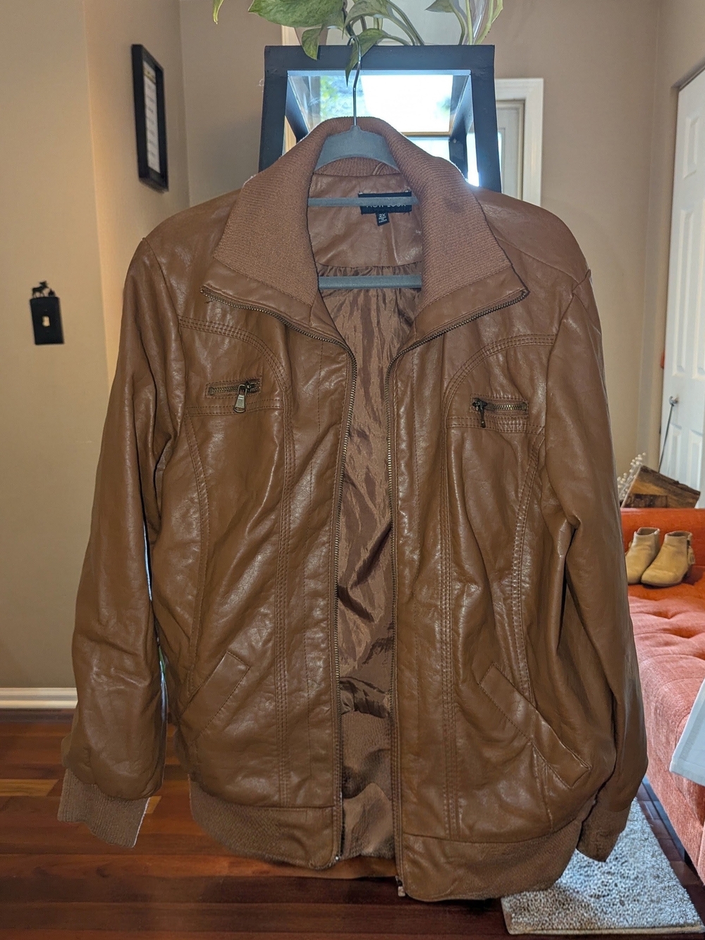 New Look Brown-Tan Faux Leather Bomber Jacket